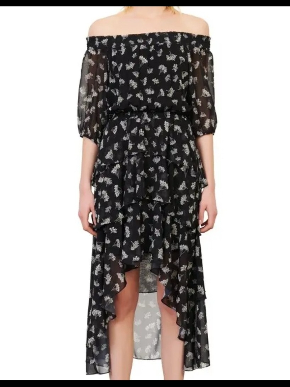 Maje Black Floral Off-Shoulder High-Low Dress Size 40/8/M